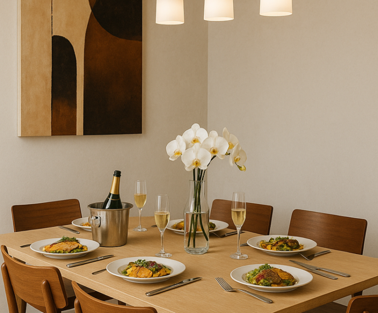 A dining room styled with a modern abstract canvas in neutral tones above a table set with orchids and champagne, showing harmony in art and space.