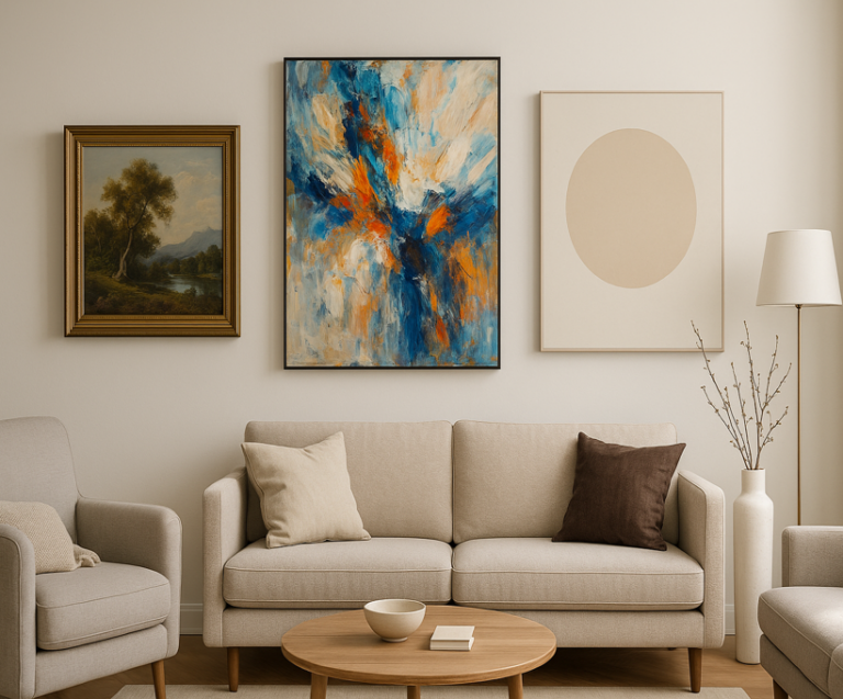 A living room wall displaying three different canvas styles—classic, abstract, and minimalist—demonstrating diverse art choices in interior design.
