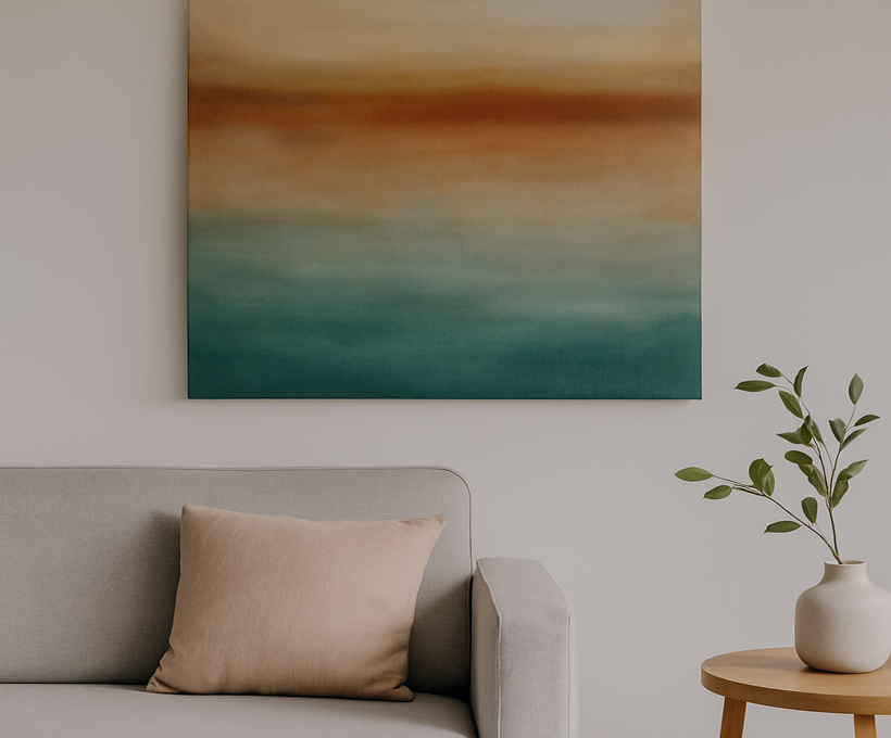 A modern living room with a gradient abstract painting hung above a light grey sofa, illustrating ideal wall art size and placement.