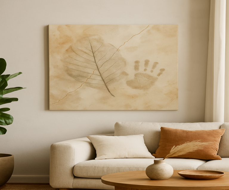 A soft-toned living room featuring a canvas with leaf and handprint imprints and a golden crack line, symbolising memory and emotion.