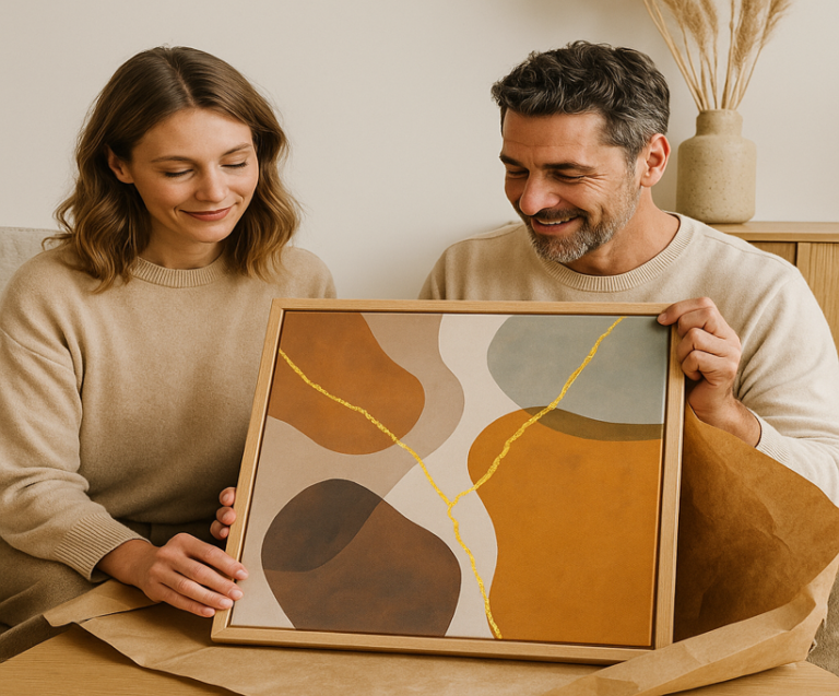 A smiling couple unwrapping a custom abstract painting with golden crack accents, capturing the emotional moment of receiving personalised art.