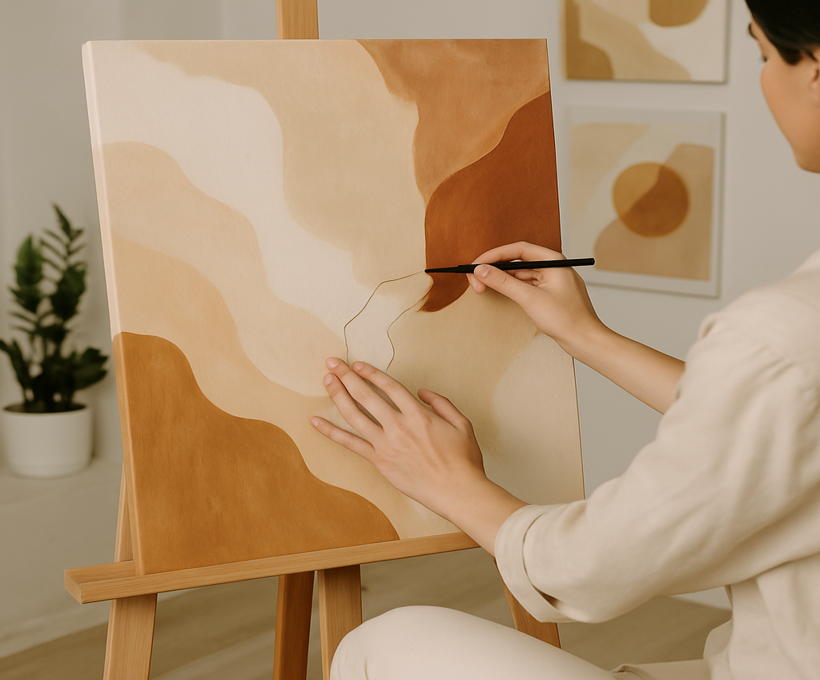 A female artist in neutral tones painting soft, layered shapes on a canvas in her studio, reflecting Forma’s storytelling process.